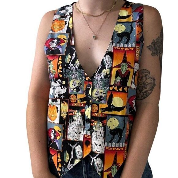 Vintage 1990s Halloween Holiday Pumpkin Fall Spooky Witch Vest Waistcoat Sz L - Picture 1 of 5